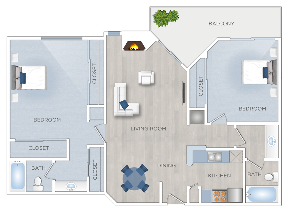 Floor plan for 2 beds, 2 baths, 1059 sqft